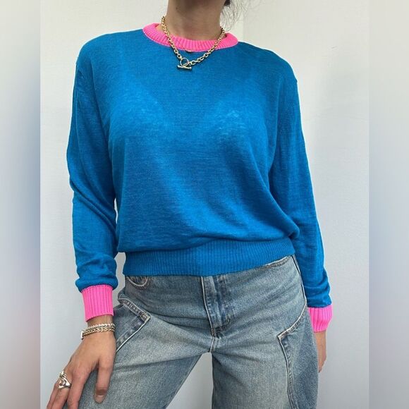 Diesel 100% Linen Crew Neck Long Sleeve Sweater Pink & Blue Contrast Collar S - Picture 1 of 12